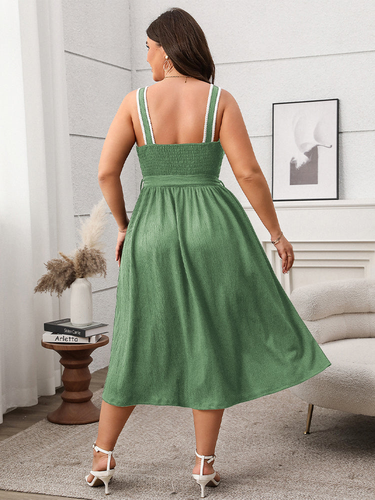 Contrast Button Front Belted Sleeveless Dress