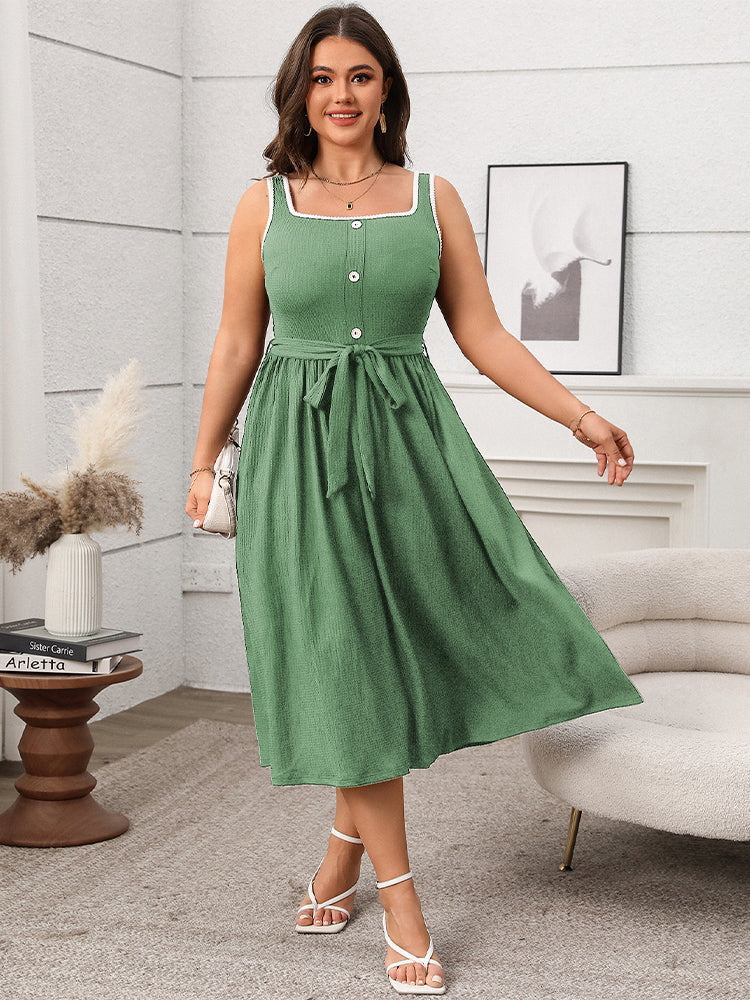 Contrast Button Front Belted Sleeveless Dress