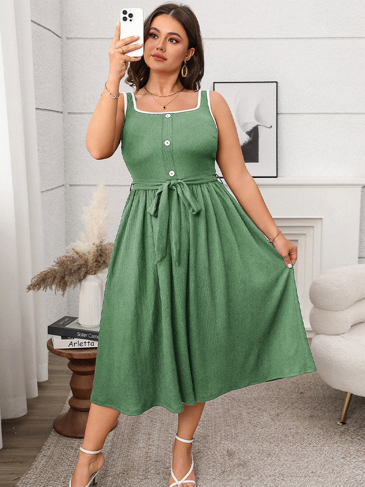 Contrast Button Front Belted Sleeveless Dress