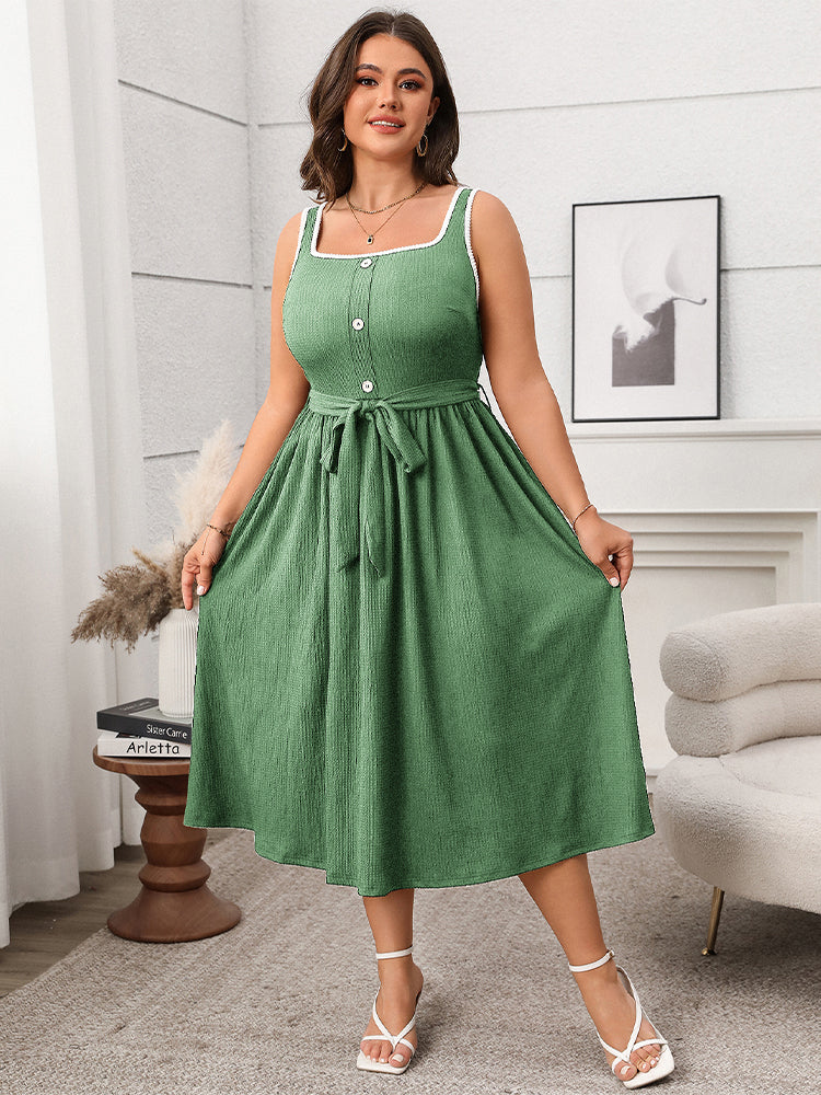 Contrast Button Front Belted Sleeveless Dress