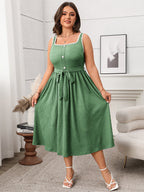 Contrast Button Front Belted Sleeveless Dress