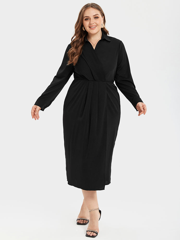 Solid Ruched Shirt Midi Dress