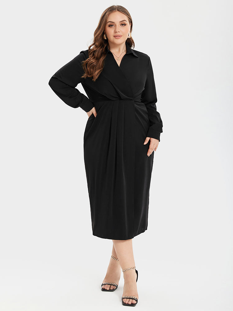 Solid Ruched Shirt Midi Dress