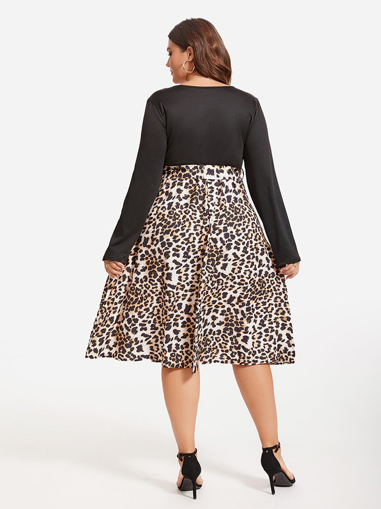 VIP Leopard Print Square Neck Belted Midi Dress