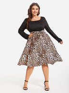 VIP Leopard Print Square Neck Belted Midi Dress