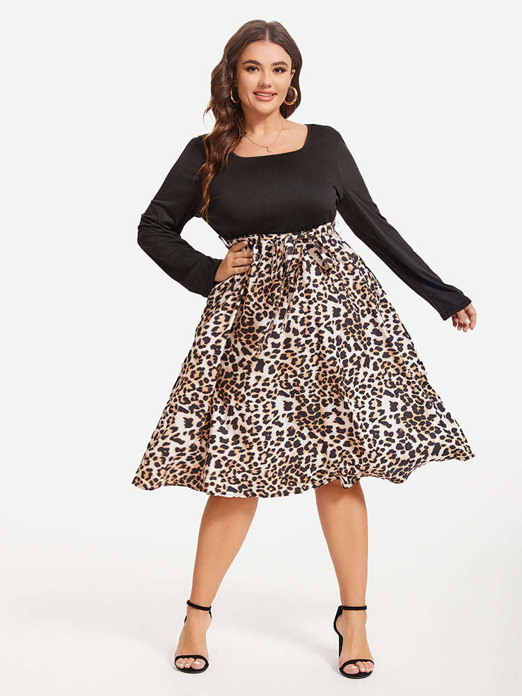 VIP Leopard Print Square Neck Belted Midi Dress