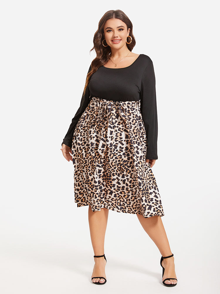 VIP Leopard Print Square Neck Belted Midi Dress