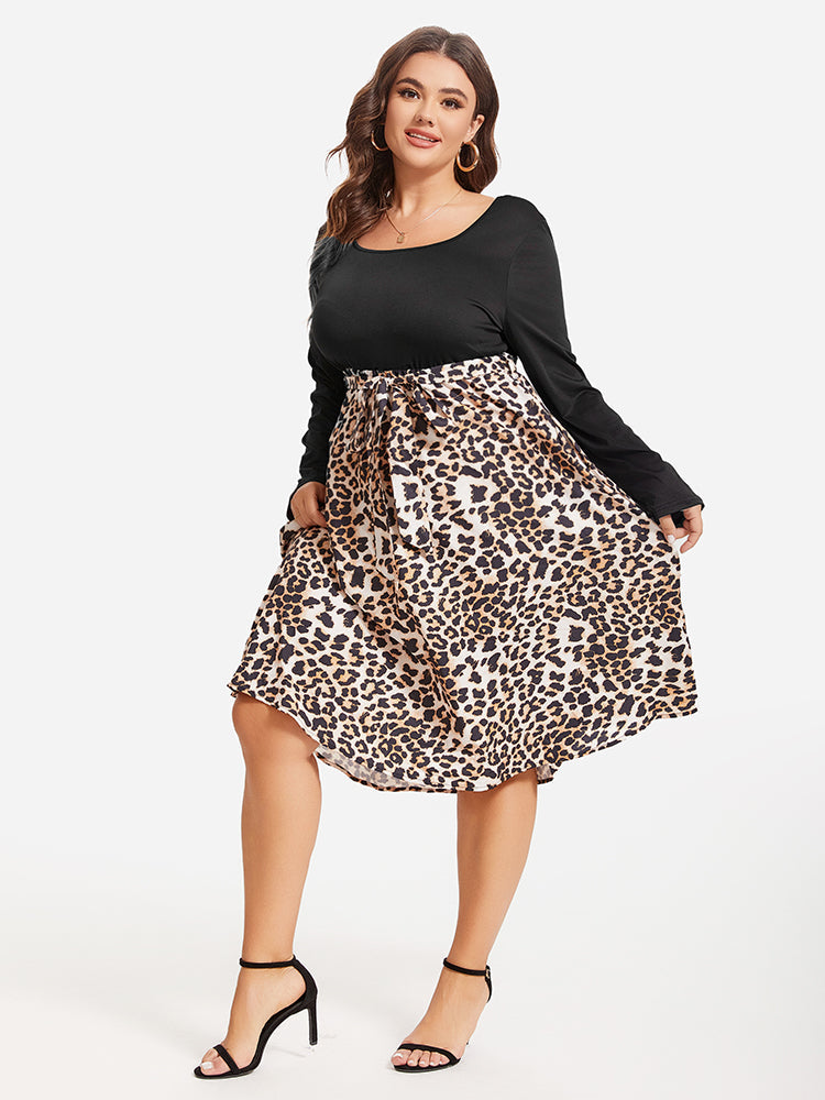 VIP Leopard Print Square Neck Belted Midi Dress
