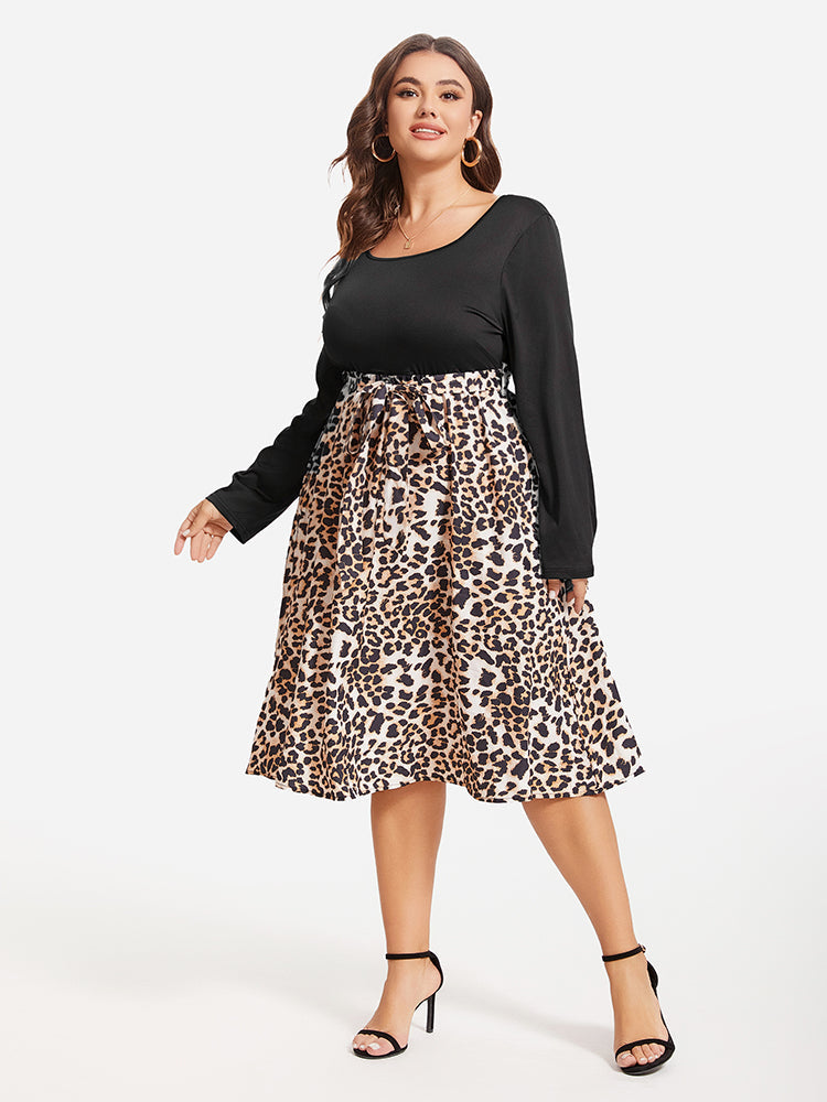 VIP Leopard Print Square Neck Belted Midi Dress
