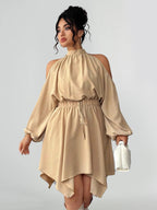 Round Neck Asymmetrical Ruched Drawstring Dress