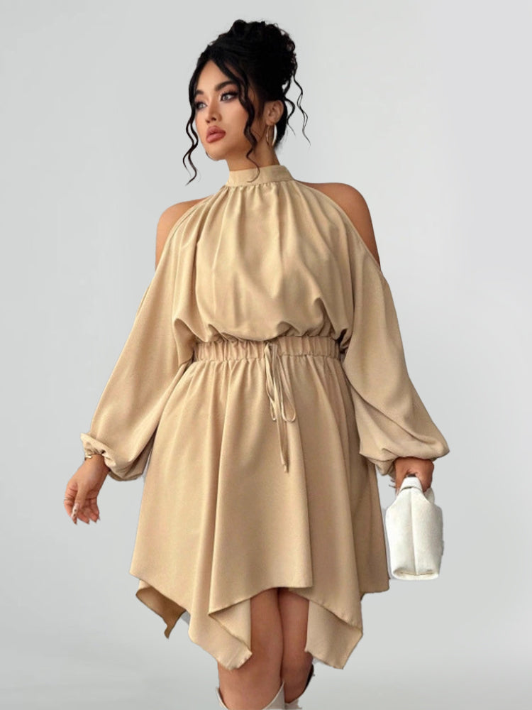 Round Neck Asymmetrical Ruched Drawstring Dress