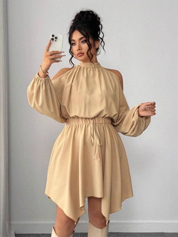 Round Neck Asymmetrical Ruched Drawstring Dress