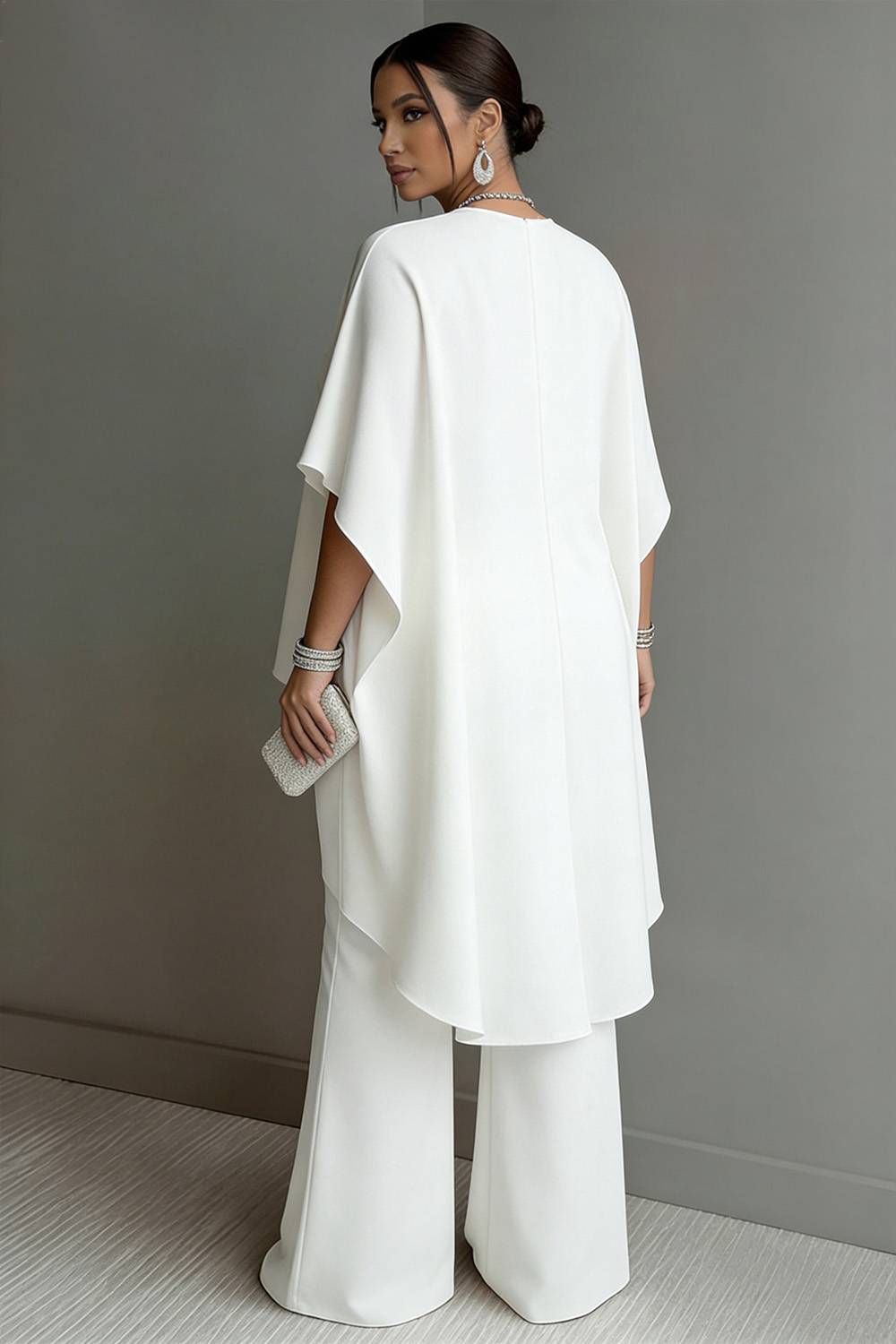 Xpluswear Design Plus Size Vacation White Round Neck Flare Half Sleeve Asymmetric Hem Pocket Two Piece Pant Sets