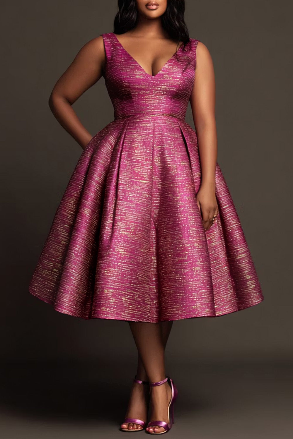 Xpluswear Design Plus Size Cocktail Party Elegant Hot Pink V Neck Pocket Pleated Satin Midi Dresses