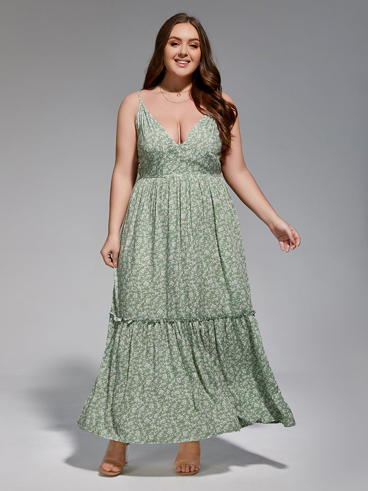 Plus Floral Spaghetti Strap Frill Trim Maxi Dress