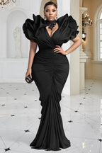 Xpluswear Design Plus Size Formal Black V Neck 3D Elegant Bodycon Maxi Dresses