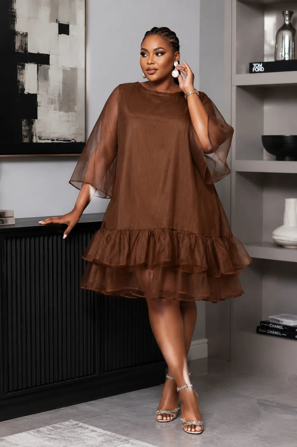 Xpluswear Design Plus Size Party Elegant Brown Round Neck Flare Short Sleeve Ruffle Organza Midi Dresses