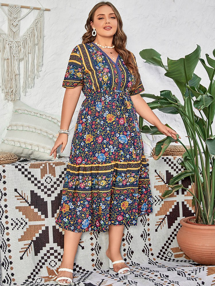 Plus Blue Floral hollow out Tie Front Maxi Dress