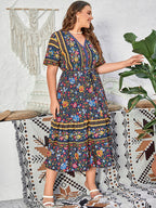 Plus Blue Floral hollow out Tie Front Maxi Dress
