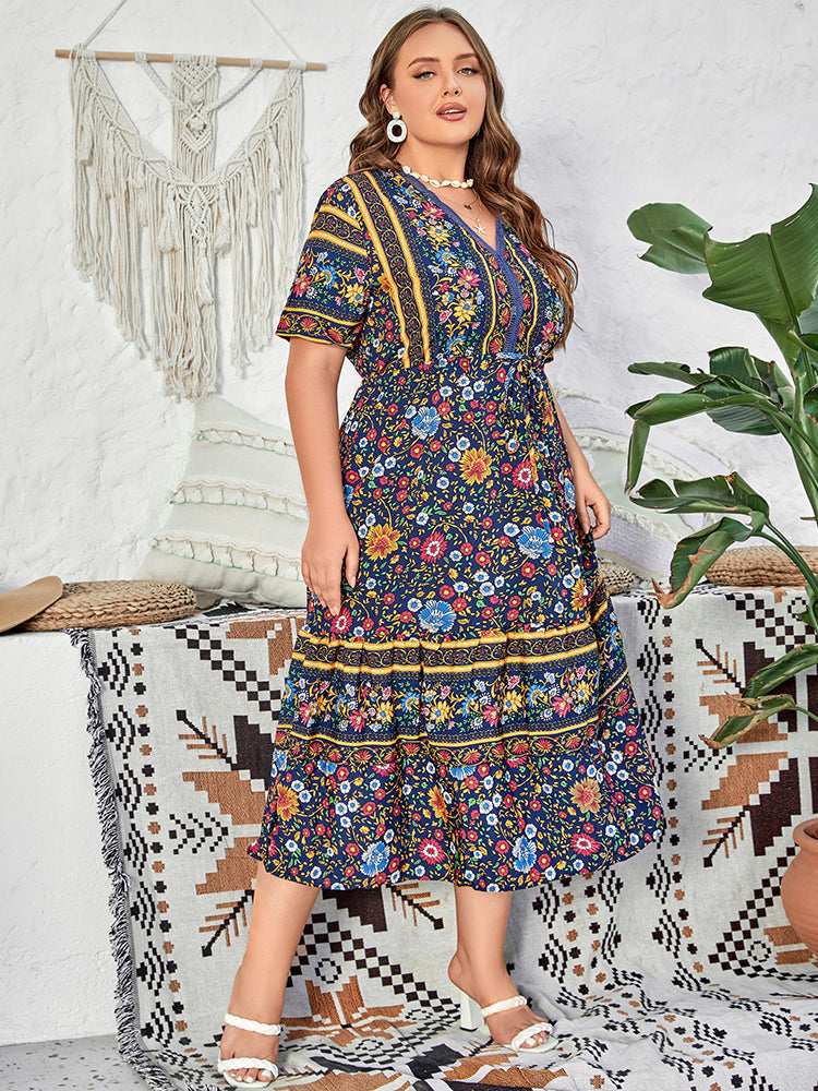 Plus Blue Floral hollow out Tie Front Maxi Dress