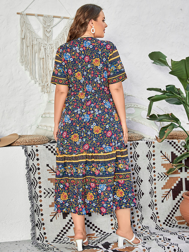 Plus Blue Floral hollow out Tie Front Maxi Dress