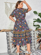 Plus Blue Floral hollow out Tie Front Maxi Dress