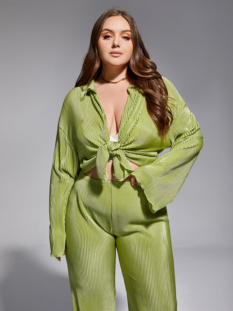 Pleated Loose Green Shirt Wide Leg Pants Set