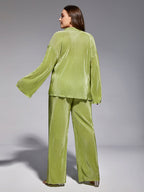 Pleated Loose Green Shirt Wide Leg Pants Set