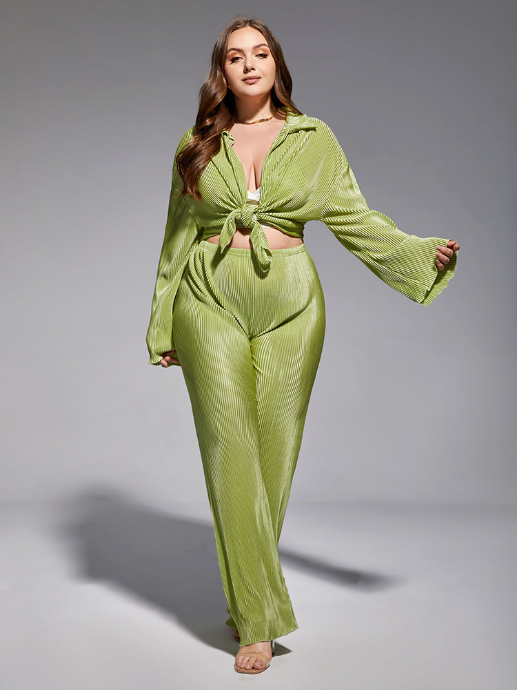 Pleated Loose Green Shirt Wide Leg Pants Set