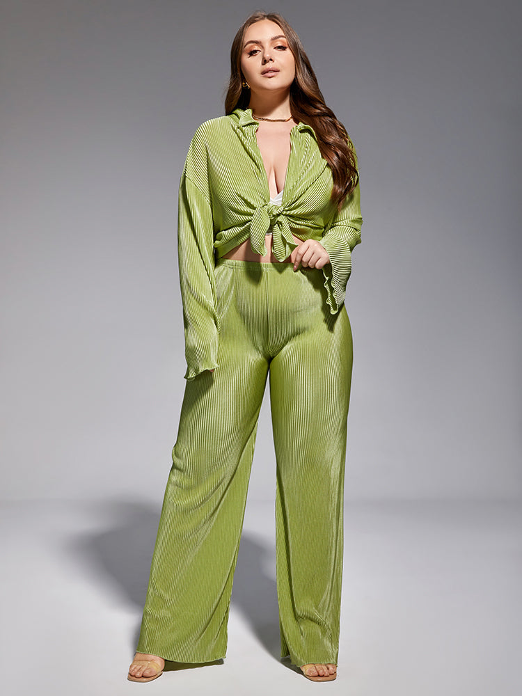 Pleated Loose Green Shirt Wide Leg Pants Set