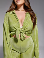 Pleated Loose Green Shirt Wide Leg Pants Set