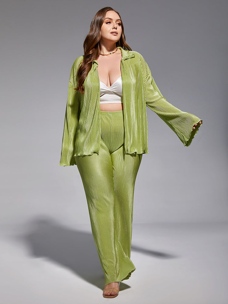 Pleated Loose Green Shirt Wide Leg Pants Set