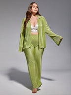 Pleated Loose Green Shirt Wide Leg Pants Set