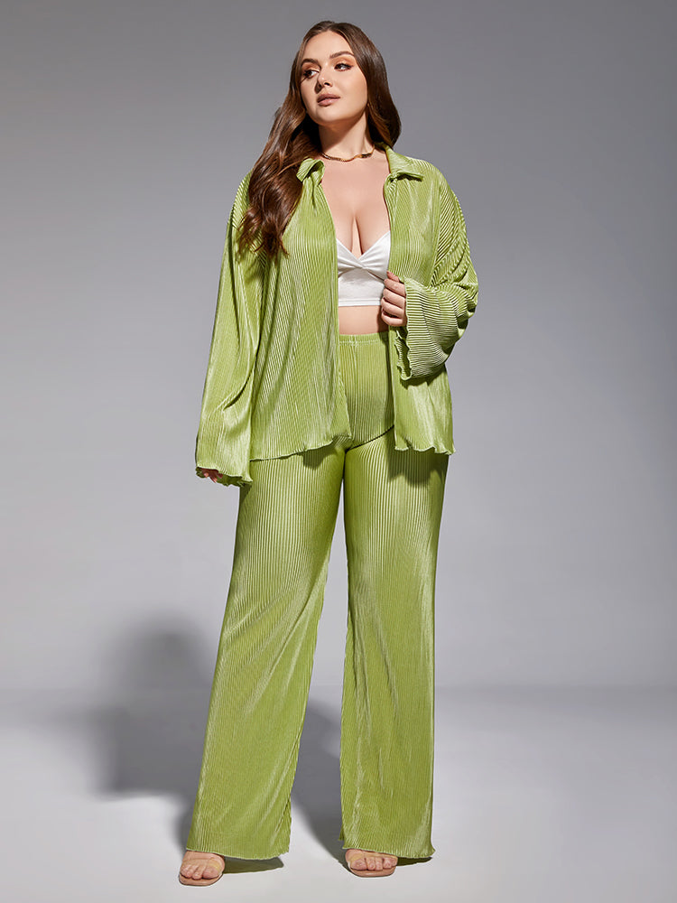 Pleated Loose Green Shirt Wide Leg Pants Set