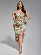 Plus Tie Dye Drawstring Spaghetti Strap Midi Dress