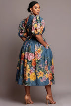 Xpluswear Design Plus Size Party Blue Floral V Neck Puff Sleeve Short Sleeve Pocket Denim Midi Dresses