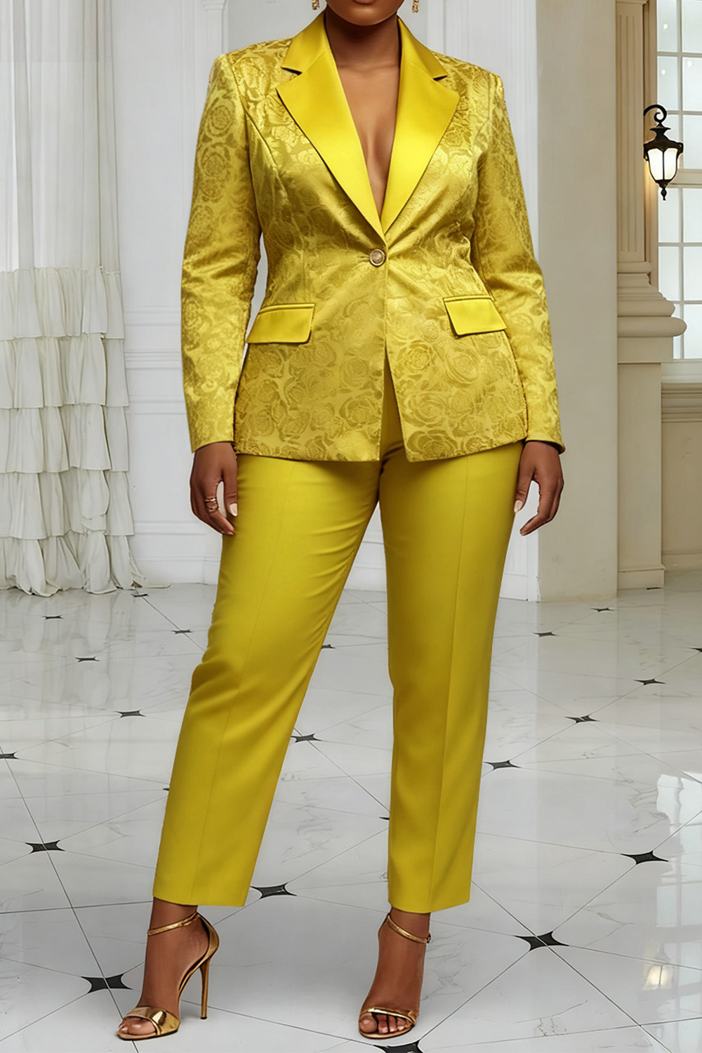 Xpluswear Design Plus Size Christmas Gold Lapel Collar Long Sleeve Jacquard Elegant Satin Two Piece Pant Suits