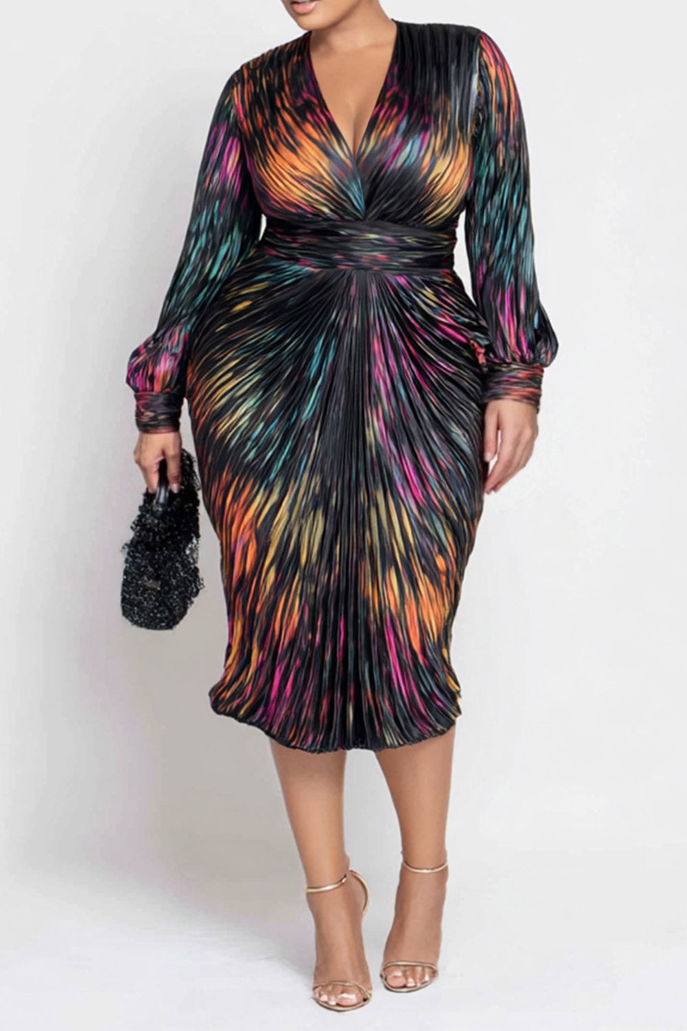 Xpluswear Design Plus Size Business Casual Multicolor All Over Print V Neck Long Sleeve Bodycon Elegant Satin Midi Dresses