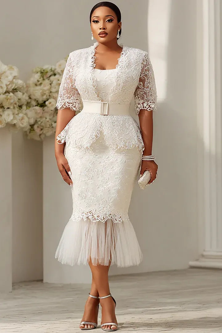 Xpluswear Design Plus Size Formal White Short Sleeve Mermaid See Through Lace Two Piece Dress Set