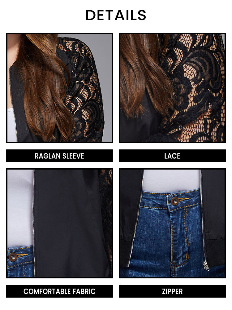 Plus Black Lace Zipper Front Raglan Sleeve Jacket