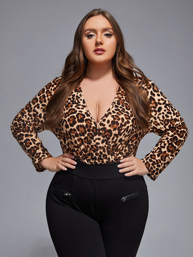 VIP Plus Leopard Print Crisscross V-Neck Bodysuit