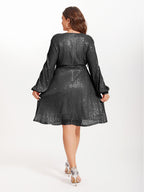 VIP V-Neck Lantern Sleeve Belted Sequin Dress