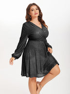 VIP V-Neck Lantern Sleeve Belted Sequin Dress