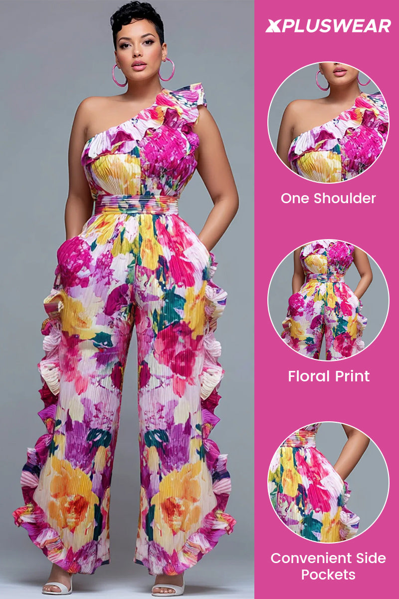 Xpluswear Design Plus Size Vacation Pink Floral One Shoulder Ruffle Pocket Jumpsuits