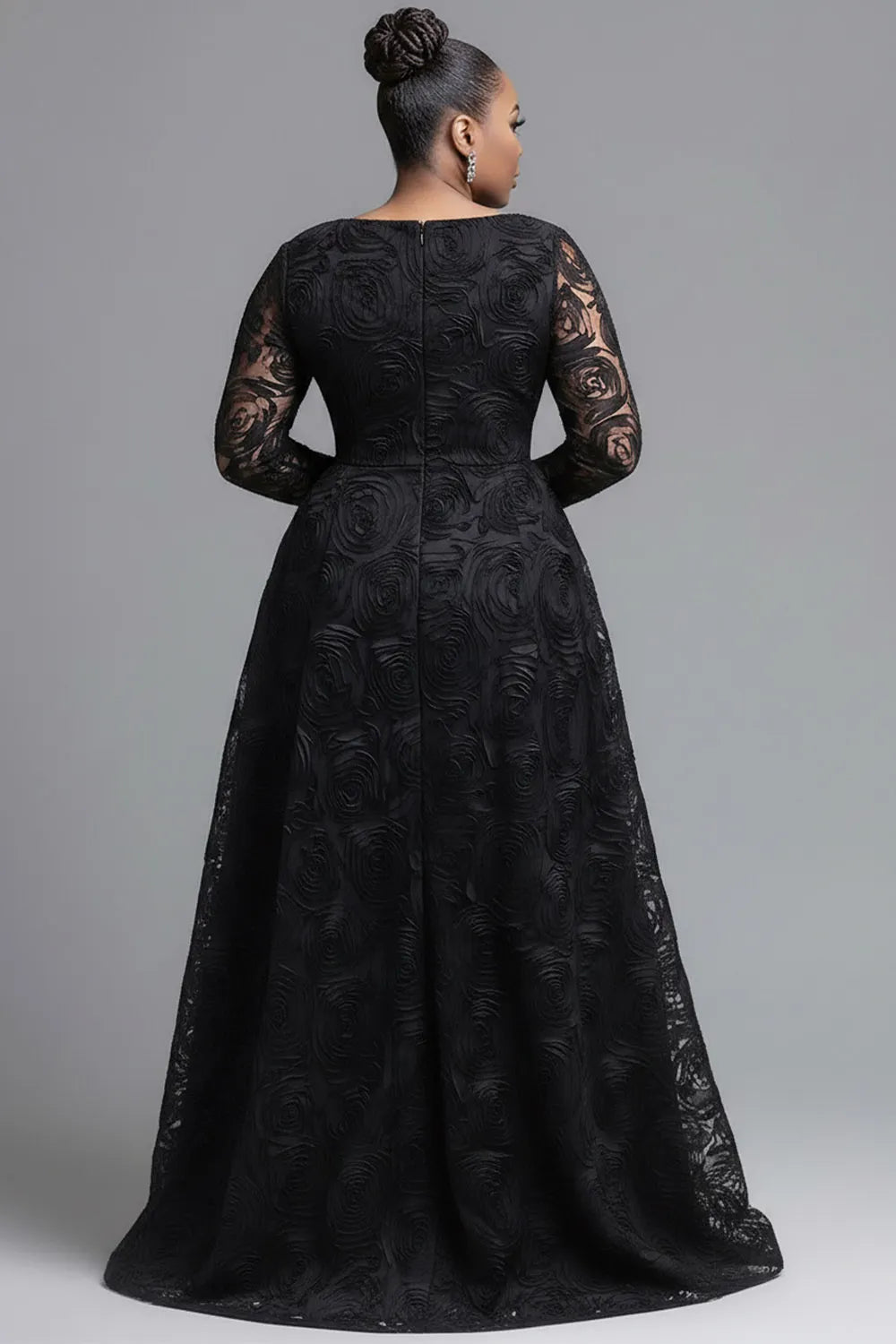 Xpluswear Design Plus Size Formal Black V Neck Long Sleeve 3D Elegant Split Tulle Maxi Dresses