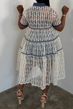 Plus Size Party Casual Lace White Shirt Collar Short Sleeve Contrast Button Tencel Denim Midi Dresses