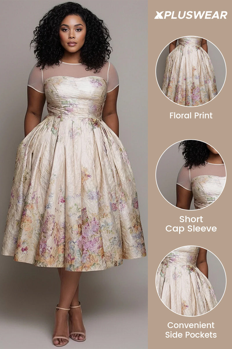 Xpluswear Design Plus Size Wedding Guest Multicolor Floral Round Neck Cap Sleeve Short Sleeve Pocket Midi Dresses