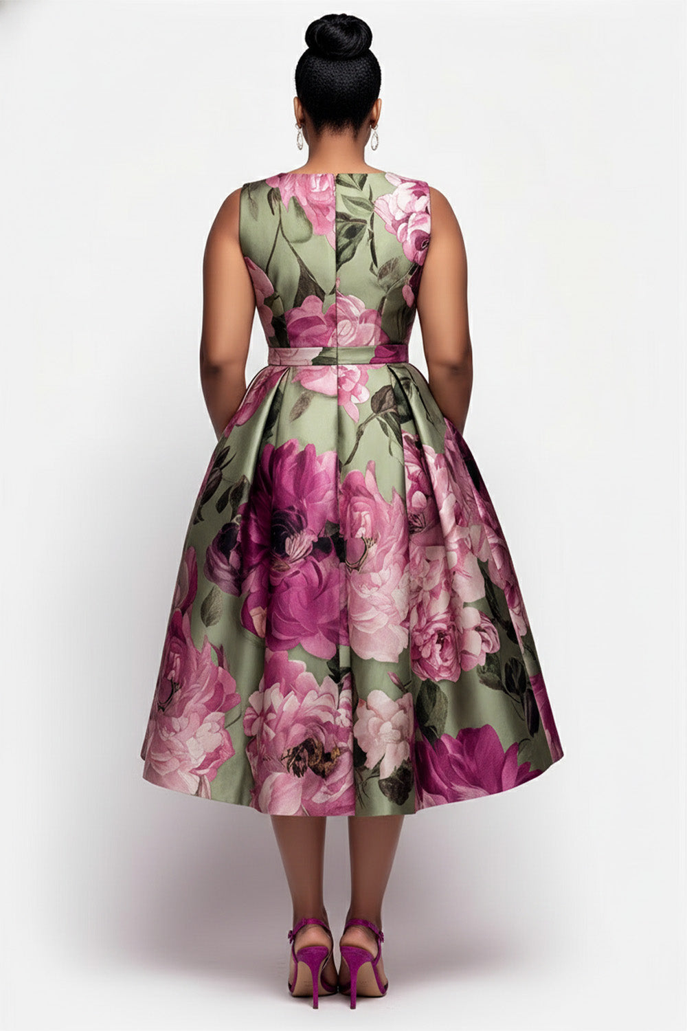 Xpluswear Design Plus Size Cocktail Party Multicolor Floral V Neck Pocket Satin Midi Dresses