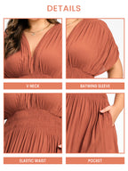 VIP V-Neck Batwing Sleeve Pocket Ruched Waist Maxi Dress