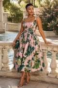 Xpluswear Design Plus Size Vacation Sundress Pink Floral Square Neck Pocket Satin Midi Dresses
